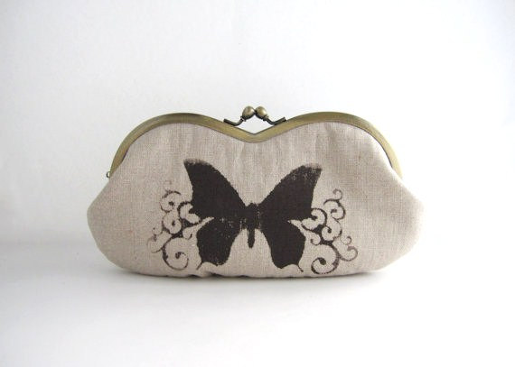 sunglass case- butterfly on beige linen -snap case- frame purse