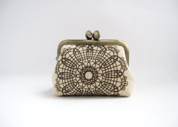 Coin purse- Mini frame jewelry case with ring pillow- brilliant lace on beige